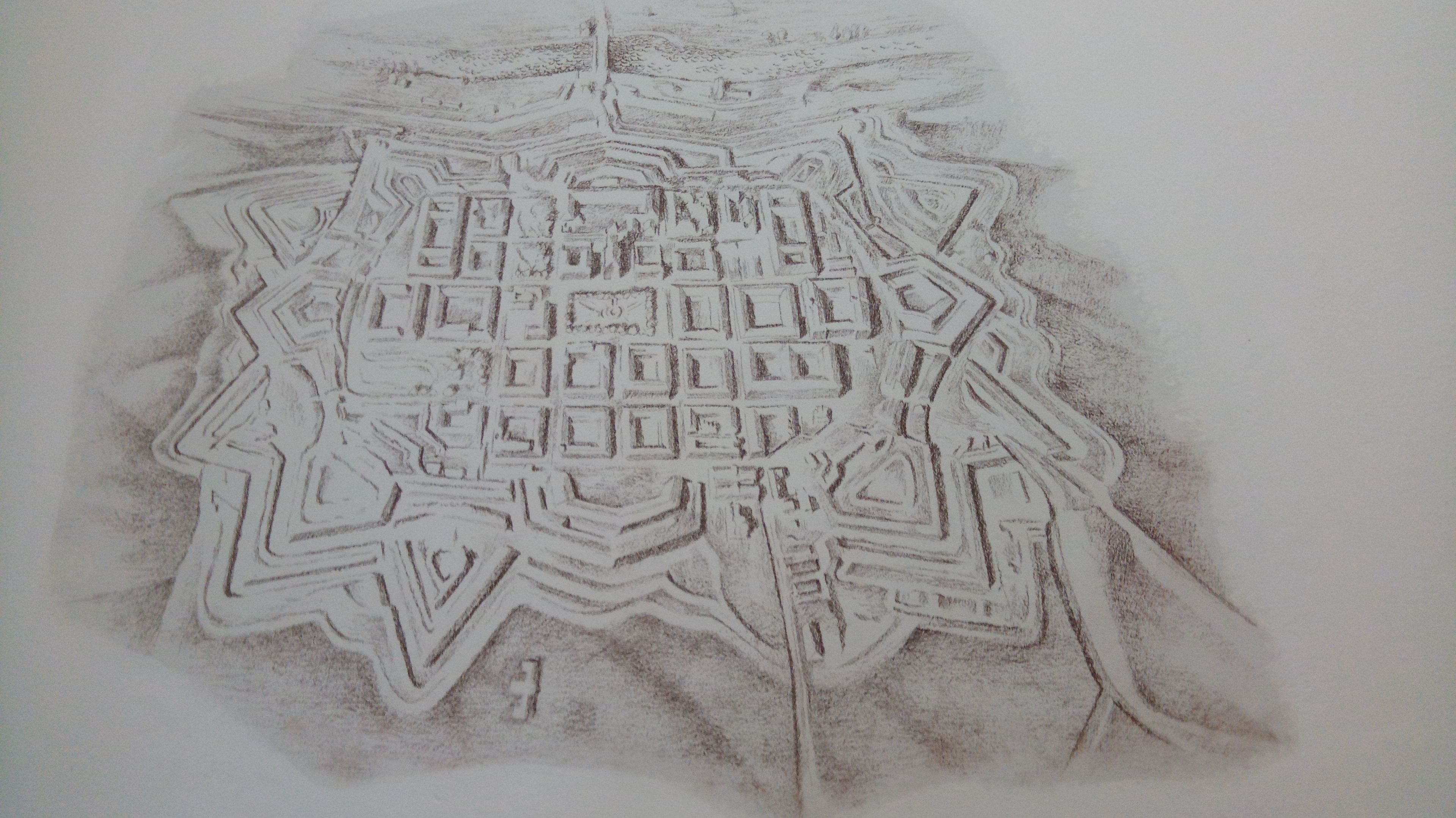 Zeichnung Theresienstadt, fotografiert im Ghetto Museum der Gedenkstätte Theresienstadt